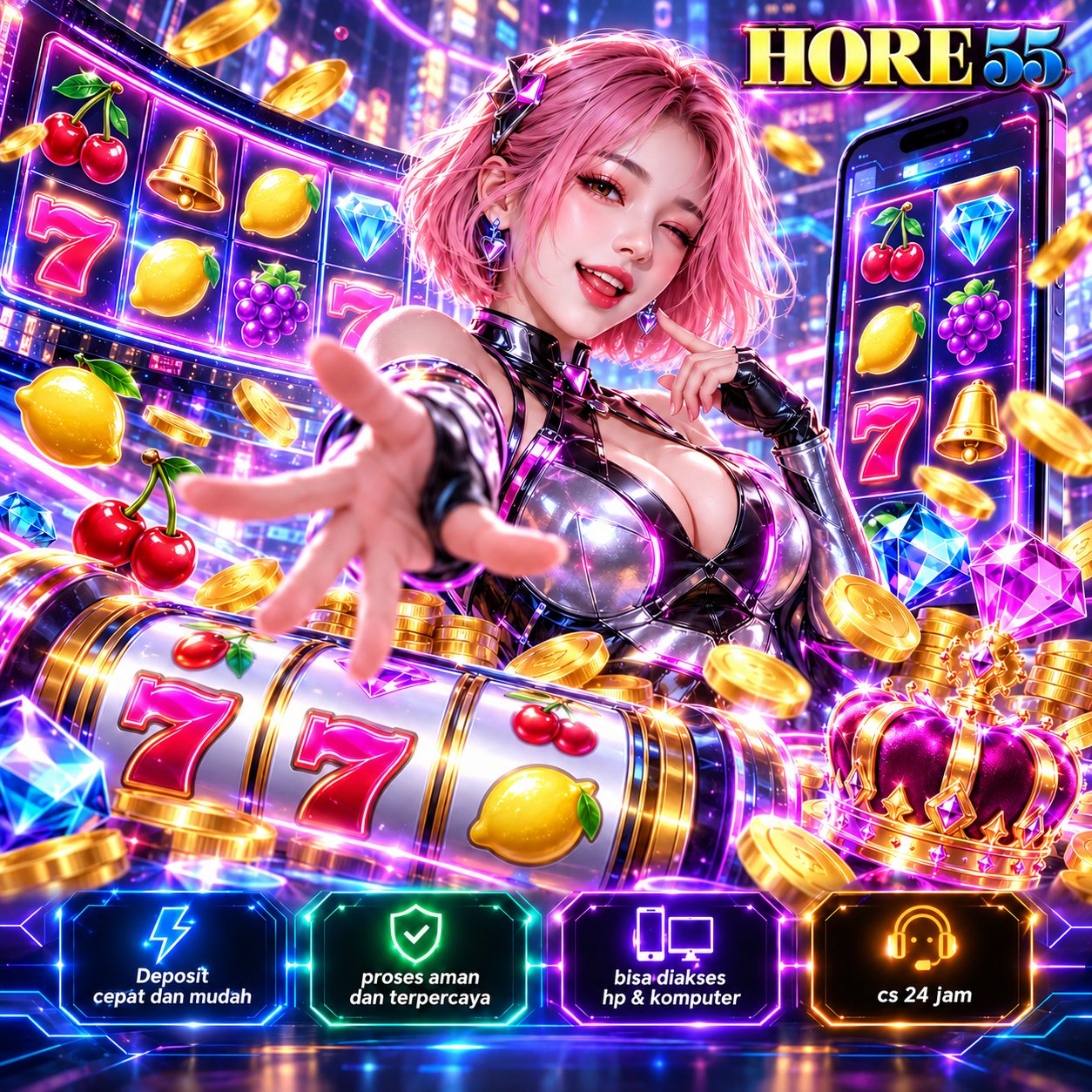 Ilustrasi visual HORE55: dunia game digital penuh warna, perangkat mobile, dan karakter kreatif