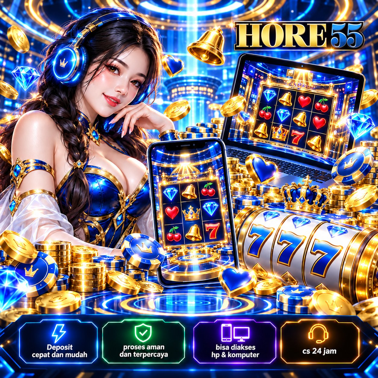 Ilustrasi visual HORE55: dunia game digital penuh warna, perangkat mobile, dan karakter kreatif